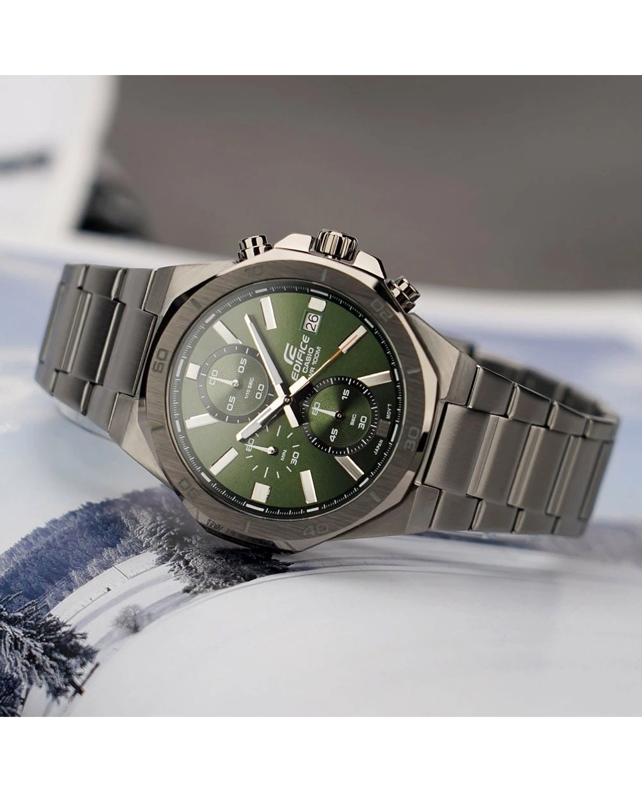 montre classique homme casio edifice efv 640dc 3avudf – chronographe, acier inoxydable, bracelet maille, cadran vert, Étanche 100m – référence efv 640dc 3avudf