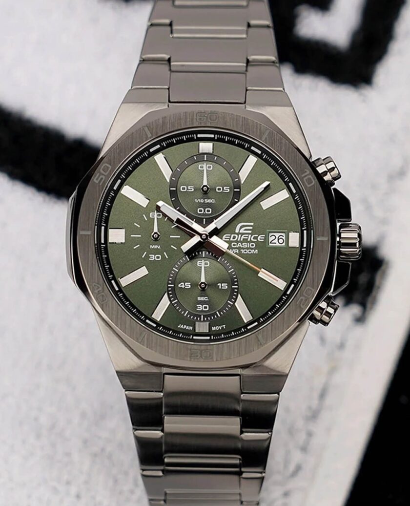 montre classique homme casio edifice efv 640dc 3avudf – chronographe, acier inoxydable, bracelet maille, cadran vert, Étanche 100m – référence efv 640dc 3avudf