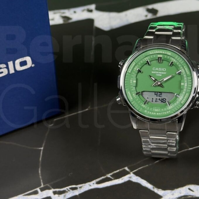 Montre Classique Homme - Casio - Analogique Digitale, Étanche 50m, Chronographe, Telememo 30, Autonomie 10 ans - Acier Inoxydable - Cadran Vert - AMW-880D-3AVDF