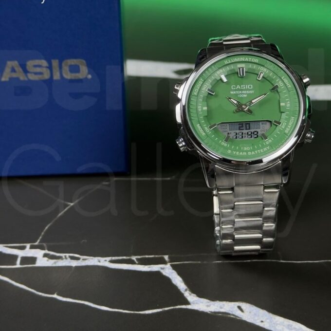 Montre Classique Homme - Casio - Analogique Digitale, Étanche 50m, Chronographe, Telememo 30, Autonomie 10 ans - Acier Inoxydable - Cadran Vert - AMW-880D-3AVDF