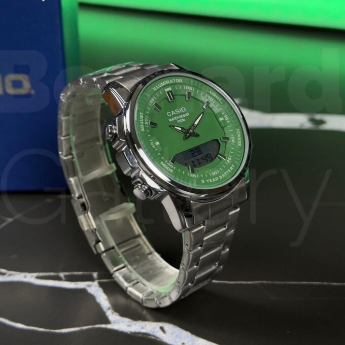 Montre Classique Homme - Casio - Analogique Digitale, Étanche 50m, Chronographe, Telememo 30, Autonomie 10 ans - Acier Inoxydable - Cadran Vert - AMW-880D-3AVDF