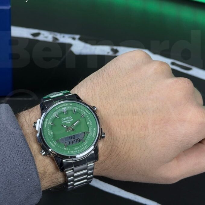 Montre Classique Homme - Casio - Analogique Digitale, Étanche 50m, Chronographe, Telememo 30, Autonomie 10 ans - Acier Inoxydable - Cadran Vert - AMW-880D-3AVDF