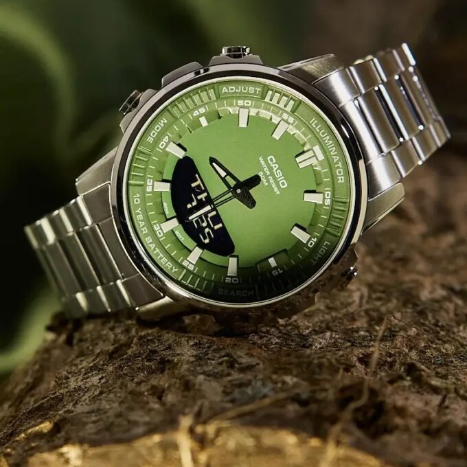 Montre Classique Homme - Casio - Analogique Digitale, Étanche 50m, Chronographe, Telememo 30, Autonomie 10 ans - Acier Inoxydable - Cadran Vert - AMW-880D-3AVDF