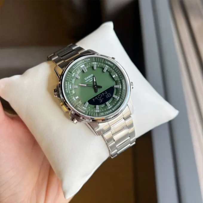 Montre Classique Homme - Casio - Analogique Digitale, Étanche 50m, Chronographe, Telememo 30, Autonomie 10 ans - Acier Inoxydable - Cadran Vert - AMW-880D-3AVDF