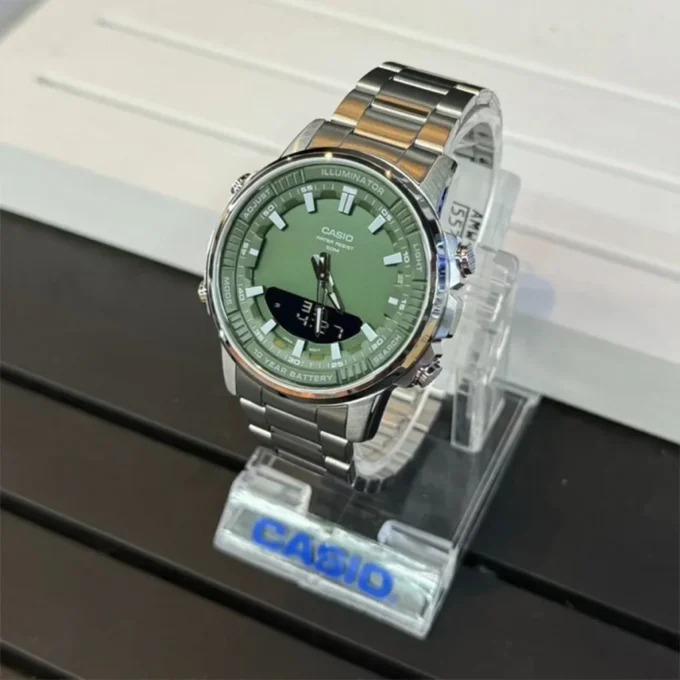 Montre Classique Homme - Casio - Analogique Digitale, Étanche 50m, Chronographe, Telememo 30, Autonomie 10 ans - Acier Inoxydable - Cadran Vert - AMW-880D-3AVDF