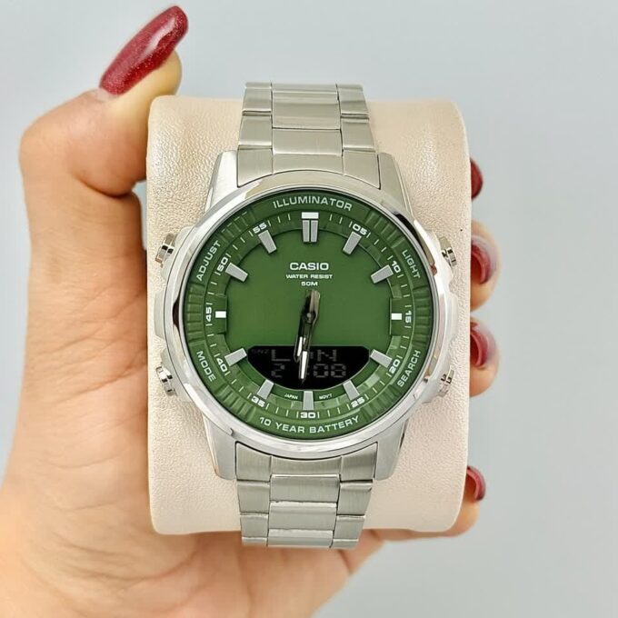 Montre Classique Homme - Casio - Analogique Digitale, Étanche 50m, Chronographe, Telememo 30, Autonomie 10 ans - Acier Inoxydable - Cadran Vert - AMW-880D-3AVDF