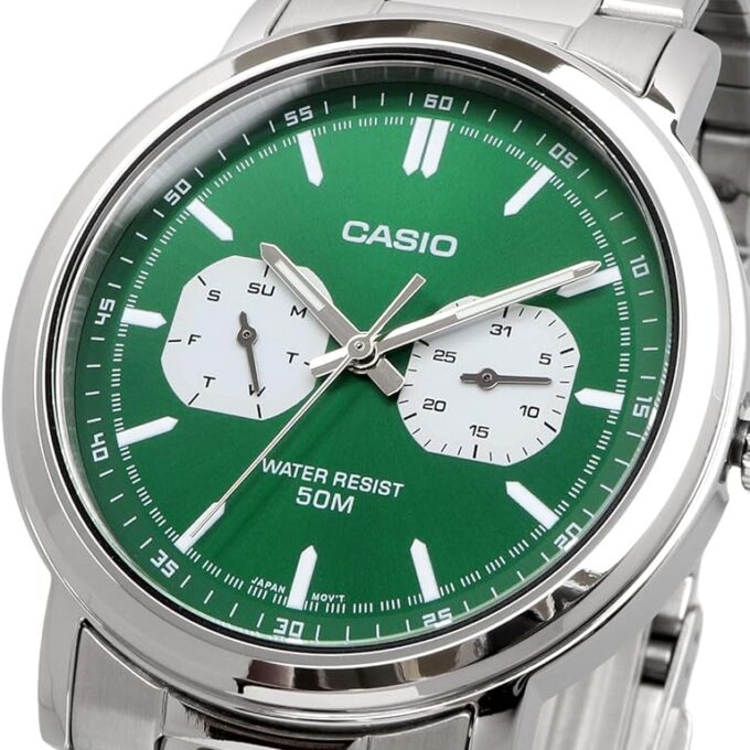 Montre Classique Homme - Casio - Acier Inoxydable, Étanche 50m, Bracelet Métal, Cadran Vert - Réf. MTP-E335D-3EVDF