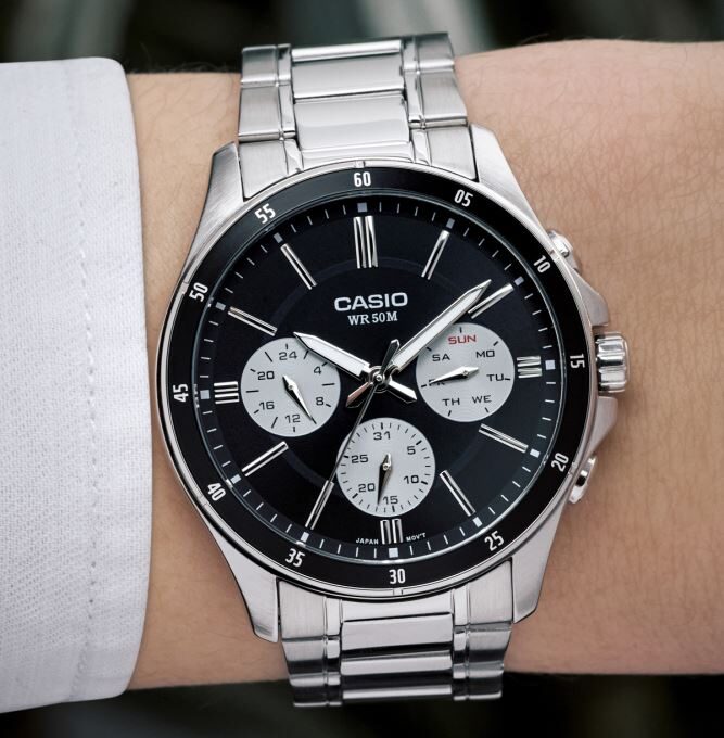 montre classique homme casio mtp 1374d 1a3vdf acier inoxydable, bracelet métal, cadran noir, Étanche boutique aïwatch