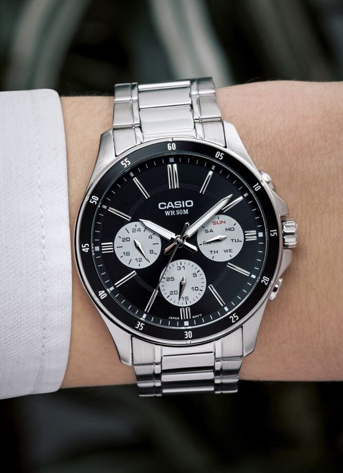 montre classique homme casio mtp 1374d 1a3vdf acier inoxydable, bracelet métal, cadran noir, Étanche boutique aïwatch