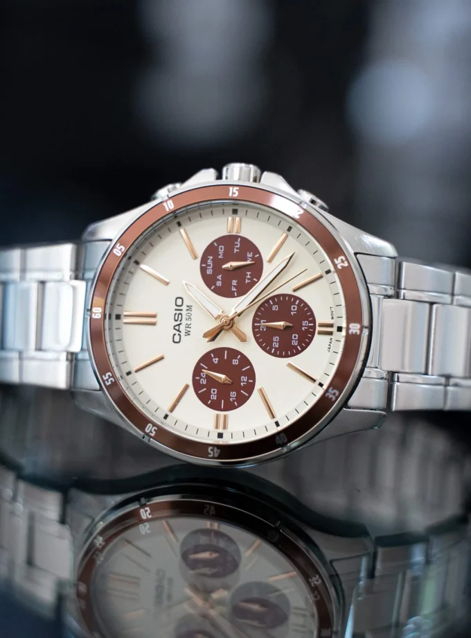 montre classique homme casio mtp 1374d 5a2vdf – acier inoxydable, chronographe, bracelet métal, cadran marron – boutique aïwatch