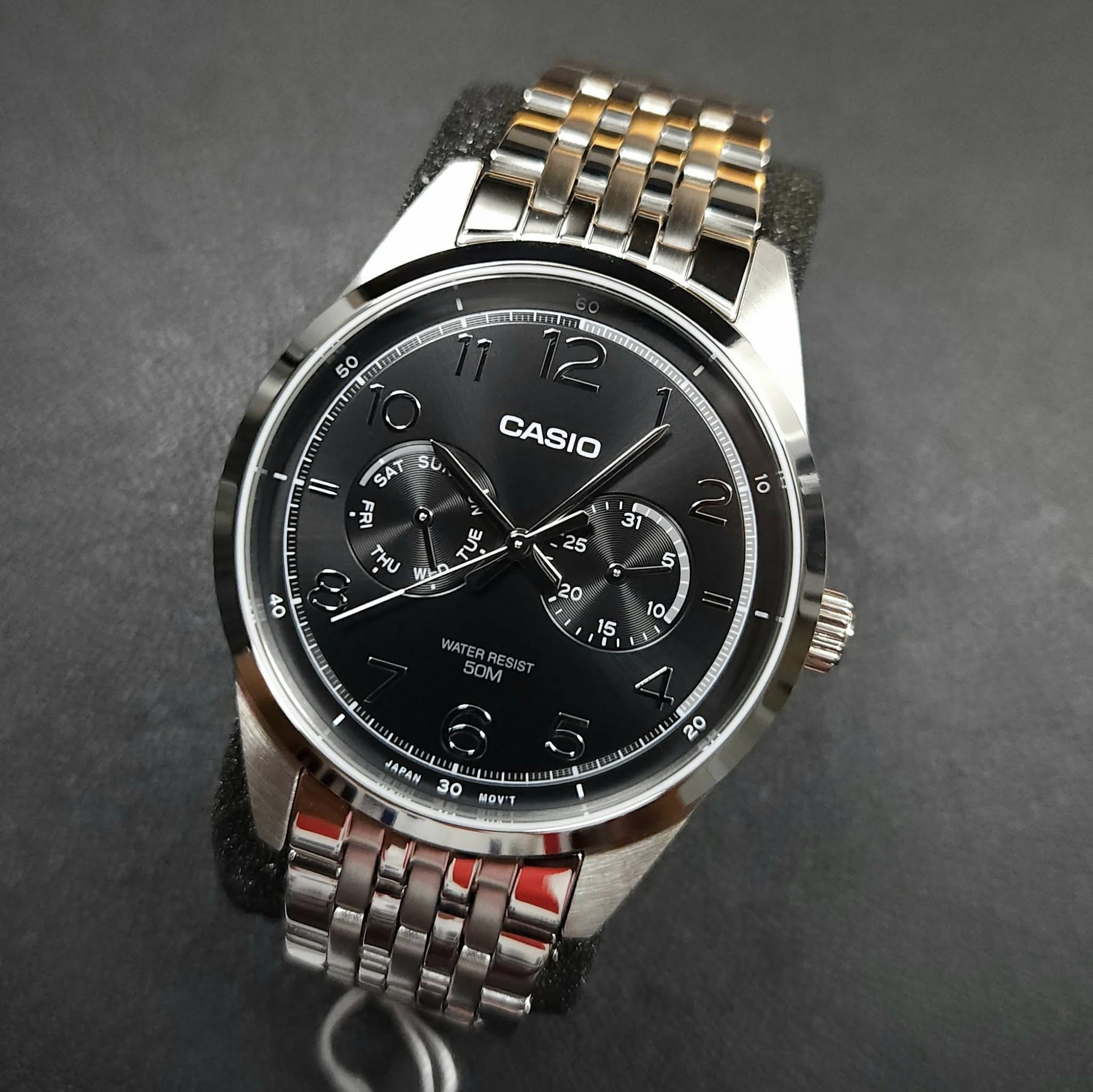 montre classique homme casio mtp e340d 1avdf acier inoxydable, bracelet métal, Étanche, affichage analogique argenté/noir référence mtp e340d 1avdf