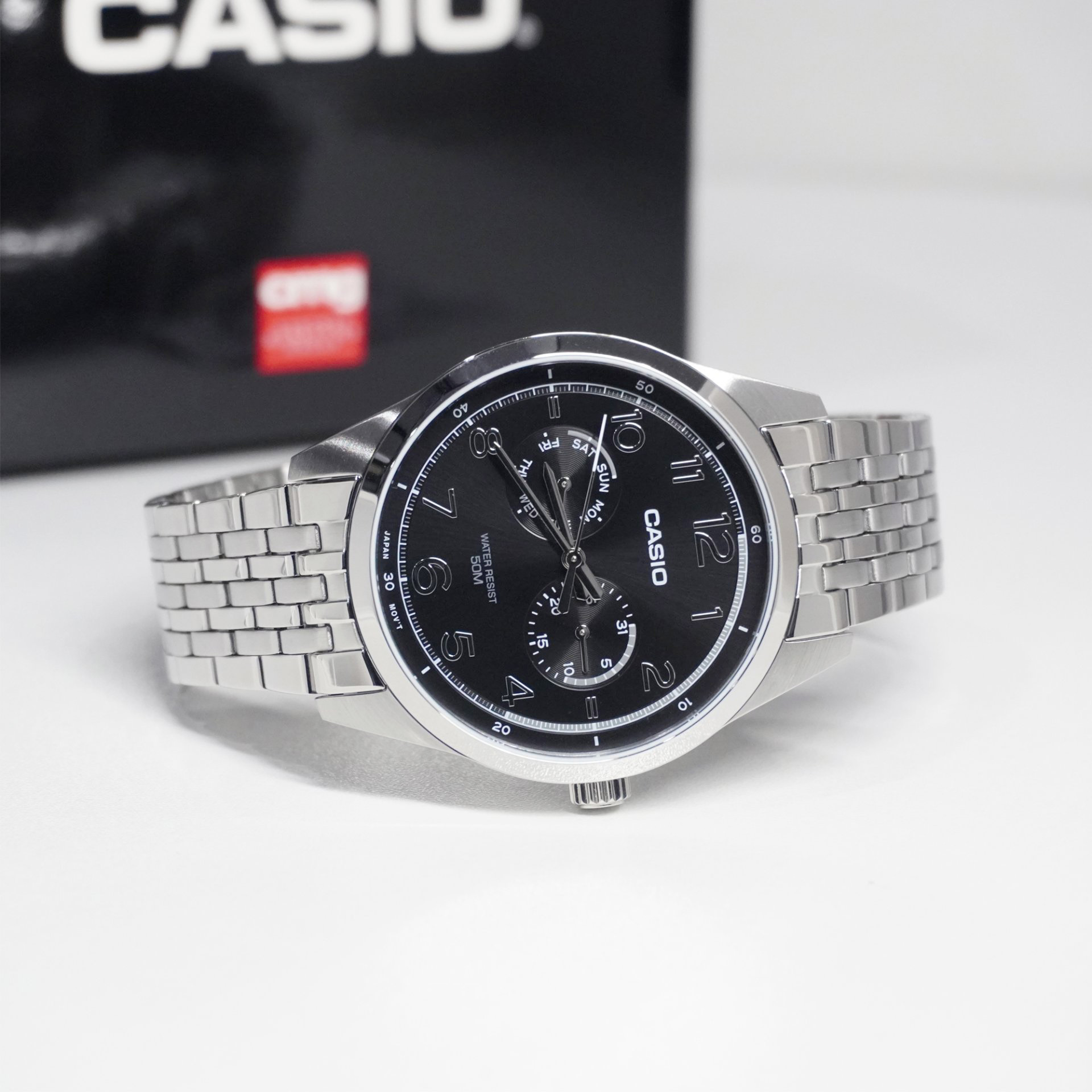 montre classique homme casio mtp e340d 1avdf acier inoxydable, bracelet métal, Étanche, affichage analogique argenté/noir référence mtp e340d 1avdf