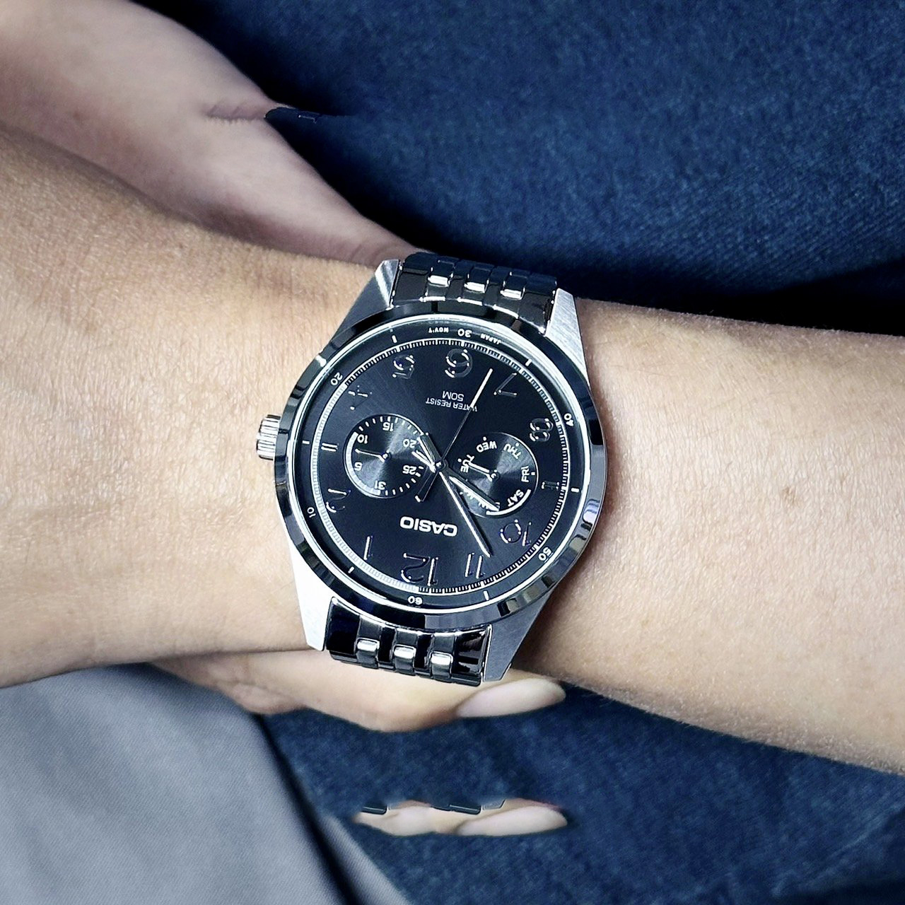 montre classique homme casio mtp e340d 1avdf acier inoxydable, bracelet métal, Étanche, affichage analogique argenté/noir référence mtp e340d 1avdf