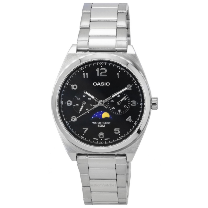 montre homme casio classique phase de lune, affichage analogique, date et jour acier inoxydable cadran noir mtp m300d 1avdf