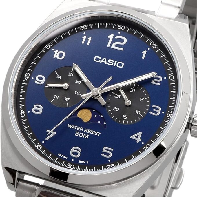 Montre Analogique Phases de Lune - Casio - Homme - Affichage Date, Jour, Phases de Lune - Acier Inoxydable - Bleu - Référence MTP-M300D-2AVDF