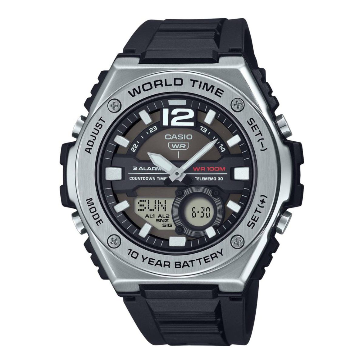 montre casio homme 100m resistante à l'eau acier inoxydable heure mondiale/compte à rebours/calendrier automatique/alarmes multiples/chronographe 100 sec batterie de 10 ans mwq 100 1avdf
