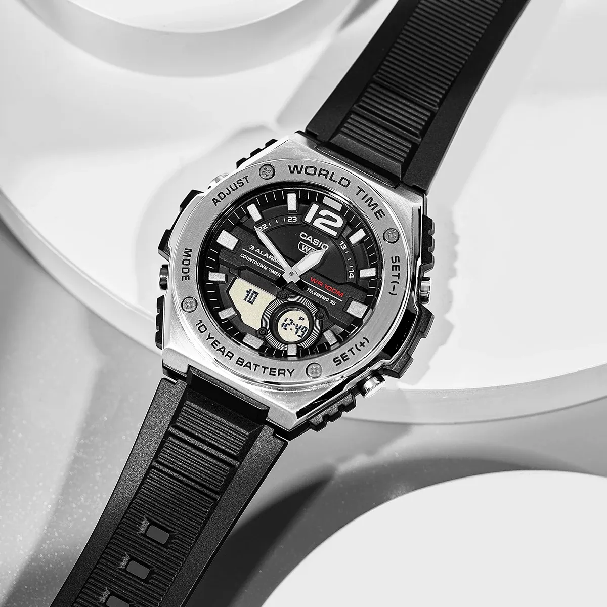 montre casio homme 100m resistante à l'eau acier inoxydable heure mondiale/compte à rebours/calendrier automatique/alarmes multiples/chronographe 100 sec batterie de 10 ans mwq 100 1avdf