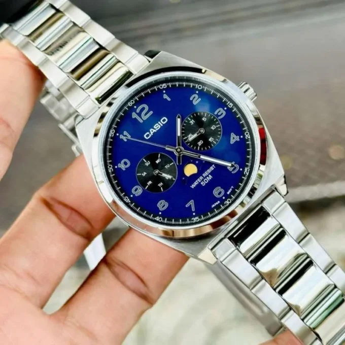 montre analogique phases de lune casio homme affichage date, jour, phases de lune acier inoxydable bleu référence mtp m300d 2avdf