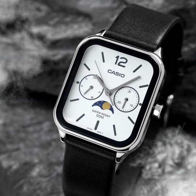 Montre Homme - Casio - Classique - Phase de Lune, Quartz, Étanche 50M, Cadran Blanc, Bracelet Cuir Noir - Référence MTP-M305L-7AVDF