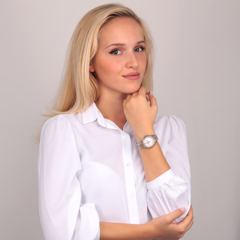 montre femme morellato magia quartz, boîtier 32mm, or rose, verre minéral, bracelet métal bicolore réf. r0153165529