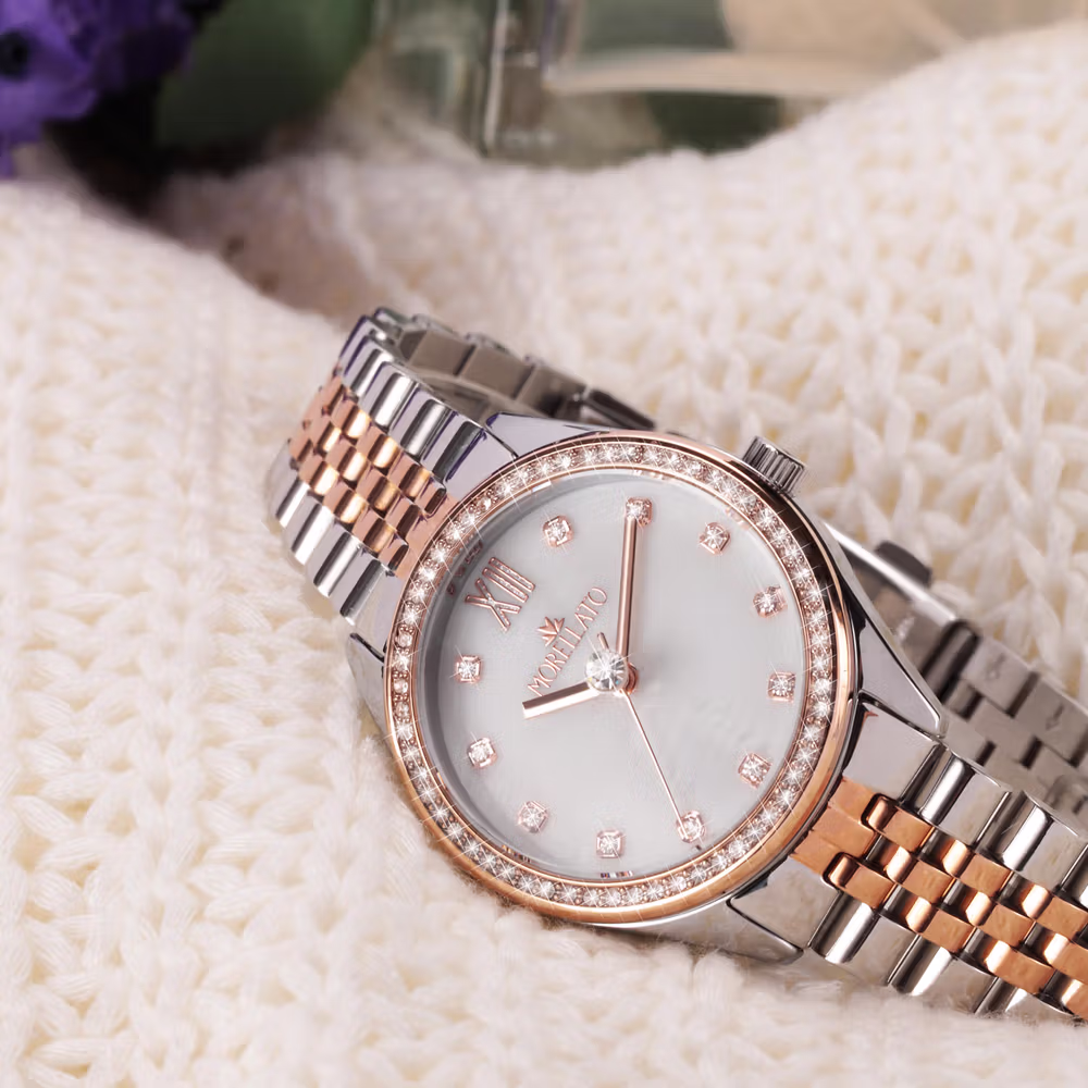 montre femme morellato magia quartz, boîtier 32mm, or rose, verre minéral, bracelet métal bicolore réf. r0153165529