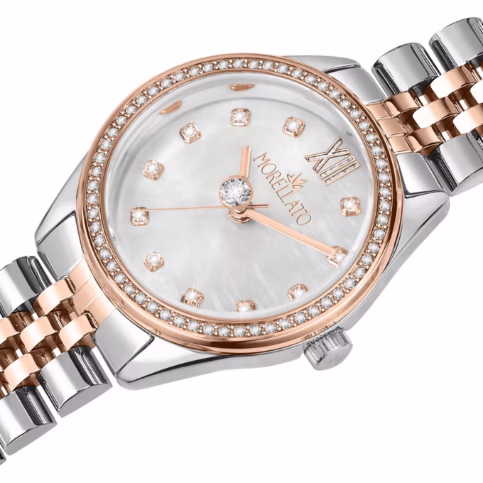 montre femme morellato magia quartz, boîtier 32mm, or rose, verre minéral, bracelet métal bicolore réf. r0153165529