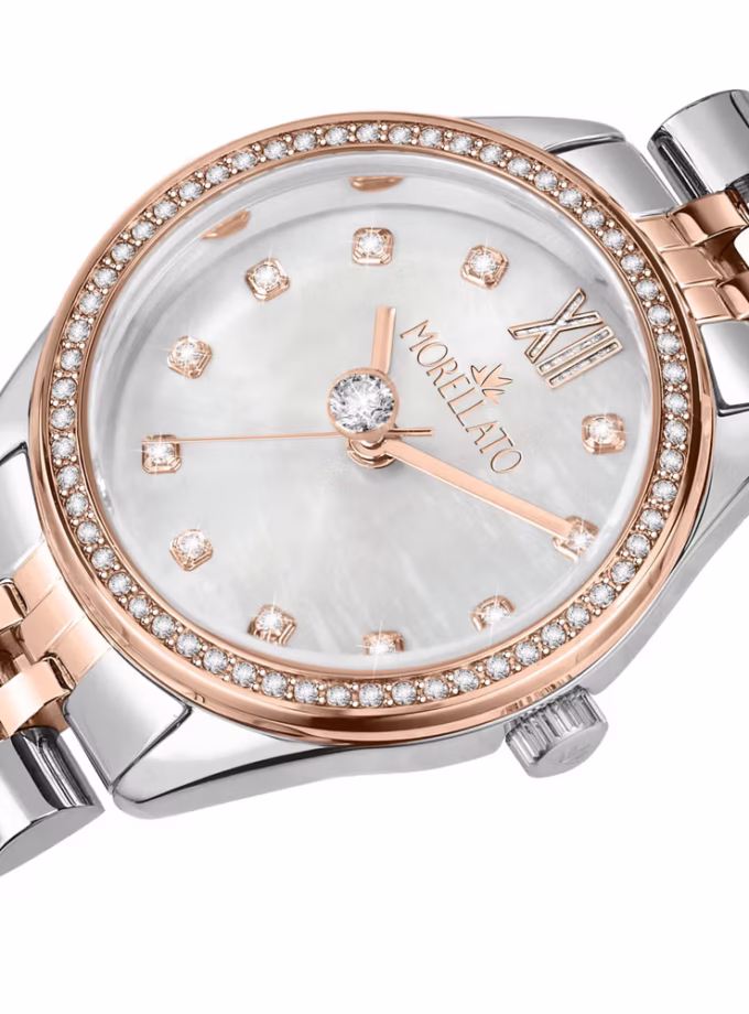 montre femme morellato magia quartz, boîtier 32mm, or rose, verre minéral, bracelet métal bicolore réf. r0153165529