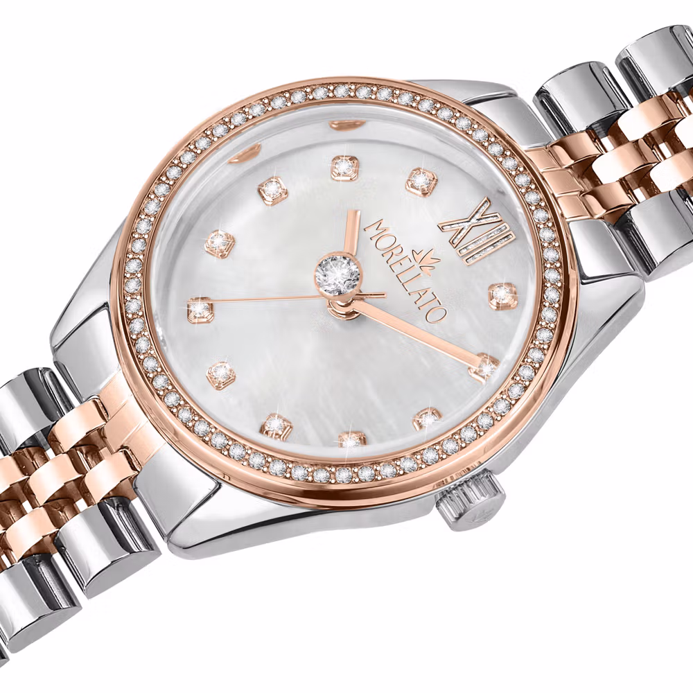 montre femme morellato magia quartz, boîtier 32mm, or rose, verre minéral, bracelet métal bicolore réf. r0153165529