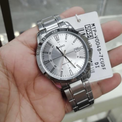 montre classique casio homme design Élégant, bracelet acier inoxydable, cadran blanc, résistante à leau métal argenté référence mtp v006d 7cudf