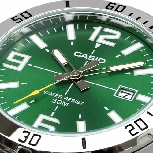 montre classique casio homme design Élégant, résistante à leau, bracelet acier inoxydable, cadran vert mtp vd01d 3bvudf