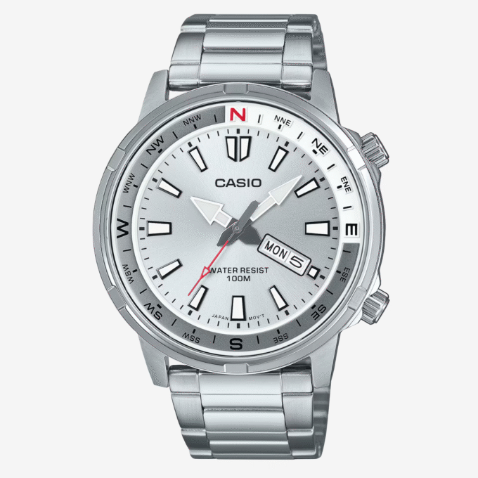 Montre Classique Homme - Casio - Quartz, Acier Inoxydable, Étanche 100m, Affichage Jour/Date, Aiguilles Lumineuses - Argenté - MTD-130D-7AVDF