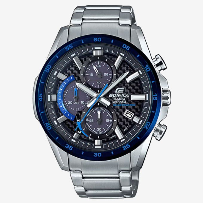 Montre Classique - Casio Edifice - Homme - Chronographe, Résistante à leau, Bracelet Acier Inoxydable, Verre Minéral - Argent et Bleu - EQS-900DB-2AVUDF