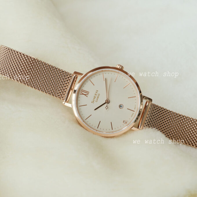 Montre Classique Femme - Casio Sheen SHE-4539CGM-4AUDF - Acier Inoxydable, Bracelet Maille, Rose Doré, Étanche - Boutique Aïwatch