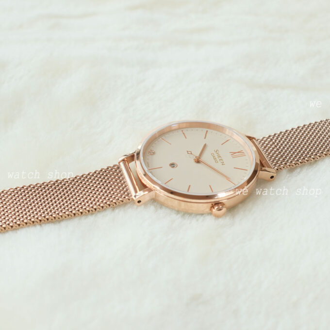 Montre Classique Femme - Casio Sheen SHE-4539CGM-4AUDF - Acier Inoxydable, Bracelet Maille, Rose Doré, Étanche - Boutique Aïwatch