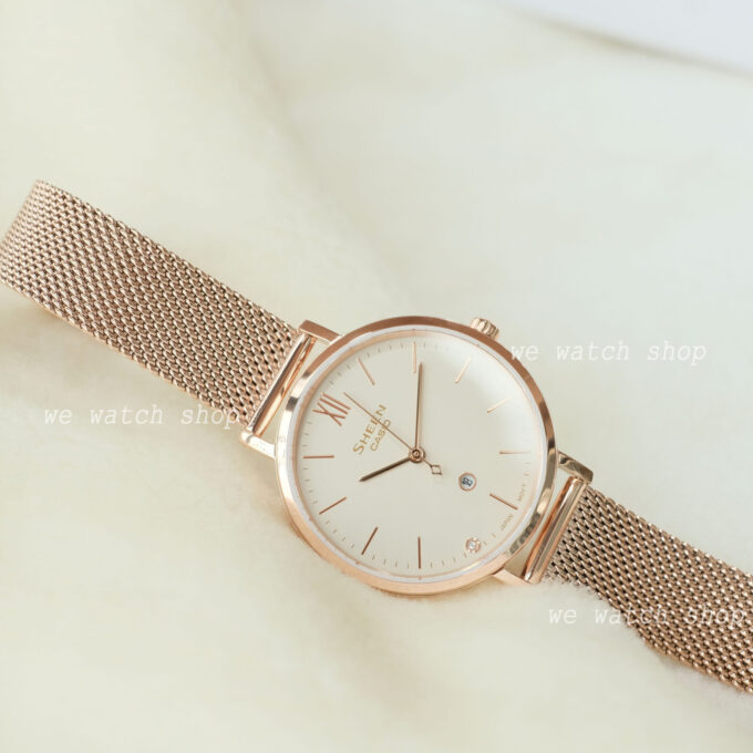 Montre Classique Femme - Casio Sheen SHE-4539CGM-4AUDF - Acier Inoxydable, Bracelet Maille, Rose Doré, Étanche - Boutique Aïwatch
