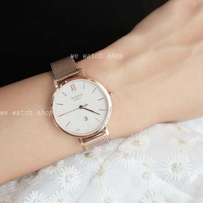 Montre Classique Femme - Casio Sheen SHE-4539CGM-4AUDF - Acier Inoxydable, Bracelet Maille, Rose Doré, Étanche - Boutique Aïwatch