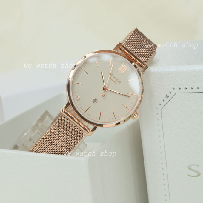 Montre Classique Femme - Casio Sheen SHE-4539CGM-4AUDF - Acier Inoxydable, Bracelet Maille, Rose Doré, Étanche - Boutique Aïwatch