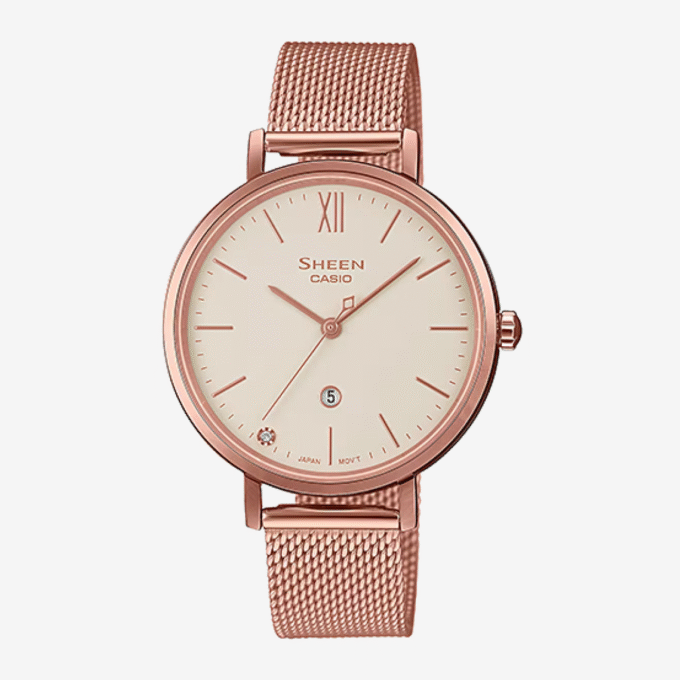 Montre Classique Femme - Casio Sheen SHE-4539CGM-4AUDF - Acier Inoxydable, Bracelet Maille, Rose Doré, Étanche - Boutique Aïwatch