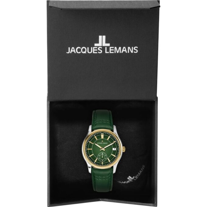 Montre Quartz Homme - Jacques Lemans – acier inoxydable, cadran vert, bracelet cuir, verre minéral, étanche 10 bar, date, 41 mm - 1-2197D