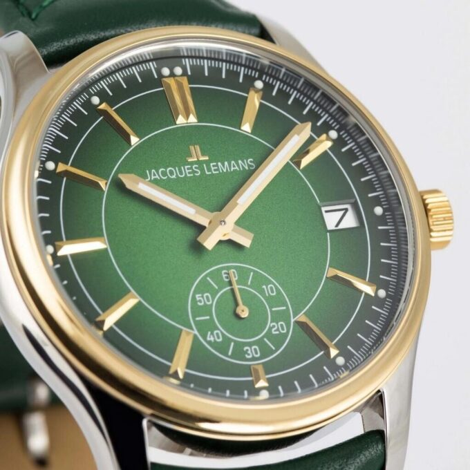 Montre Quartz Homme - Jacques Lemans – acier inoxydable, cadran vert, bracelet cuir, verre minéral, étanche 10 bar, date, 41 mm - 1-2197D