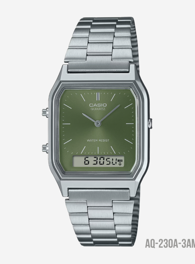 montre casio homme vintage aq 230a 3amqydf double affichage analogique et digital, bracelet acier inoxydable, Étanche, vert référence aq 230a 3amqydf