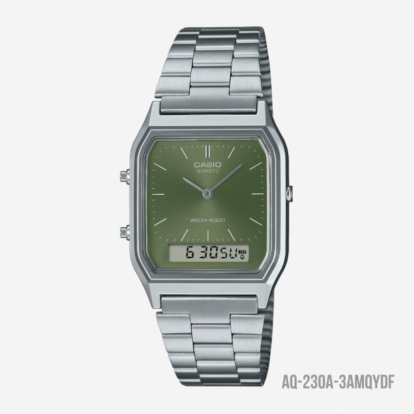 montre casio homme vintage aq 230a 3amqydf double affichage analogique et digital, bracelet acier inoxydable, Étanche, vert référence aq 230a 3amqydf