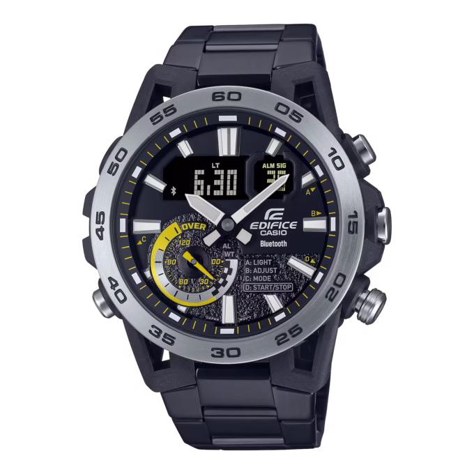 montre casio edifice homme chronographe, bluetooth, acier inoxydable, fibre de carbone, world time noir ecb 40dc 1adf