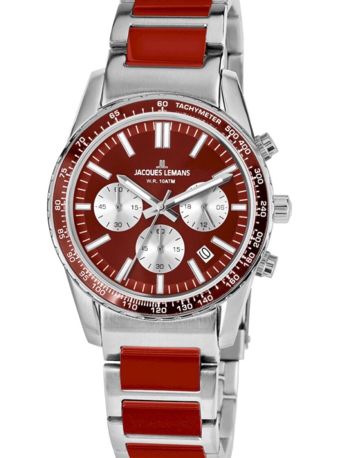 montre homme/femme jacques lemans quartz chronographe 39mm, acier inoxydable et céramique, multicolore, verre crystex, 10 atm réf. 1 2059k