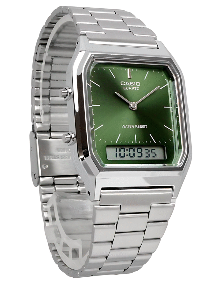 Montre Casio Homme Vintage AQ-230A-3AMQYDF - Double Affichage Analogique et Digital, Bracelet Acier Inoxydable, Étanche, Vert - Référence AQ-230A-3AMQYDF