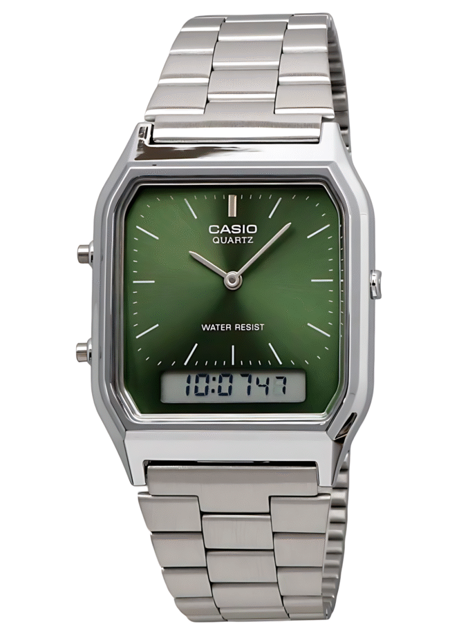 Montre Casio Homme Vintage AQ-230A-3AMQYDF - Double Affichage Analogique et Digital, Bracelet Acier Inoxydable, Étanche, Vert - Référence AQ-230A-3AMQYDF