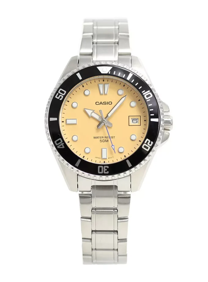 montre homme casio acier inoxydable, lunette anti retour, étanche 50m, verre minéral, bracelet acier, 42×38,5×10,4mm, précision ±20s/mois mdv 10d 4a2vdf