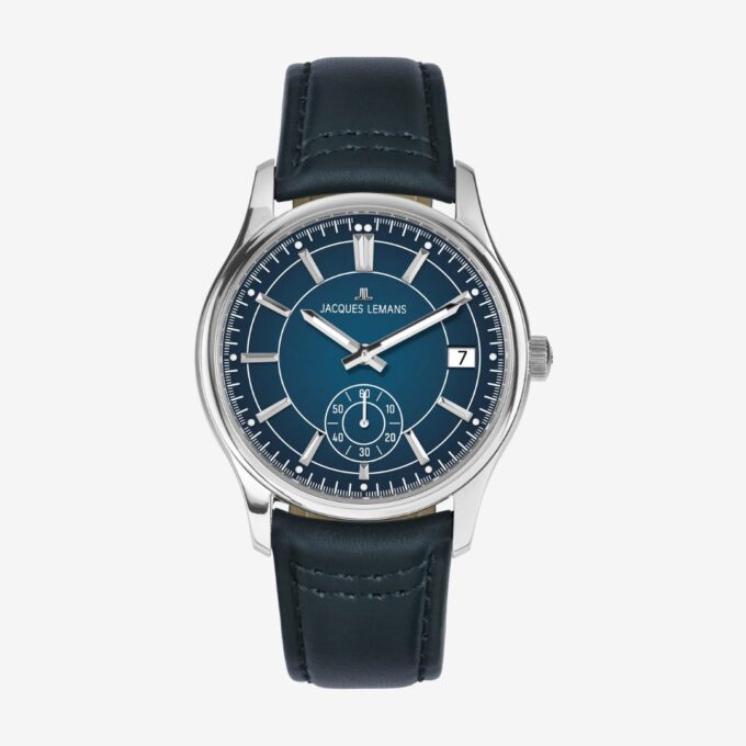 Montre Quartz Homme - Jacques Lemans – acier inoxydable, cadran Bleue, bracelet cuir, verre minéral, étanche 10 bar, date, 41 mm - 1-2197B