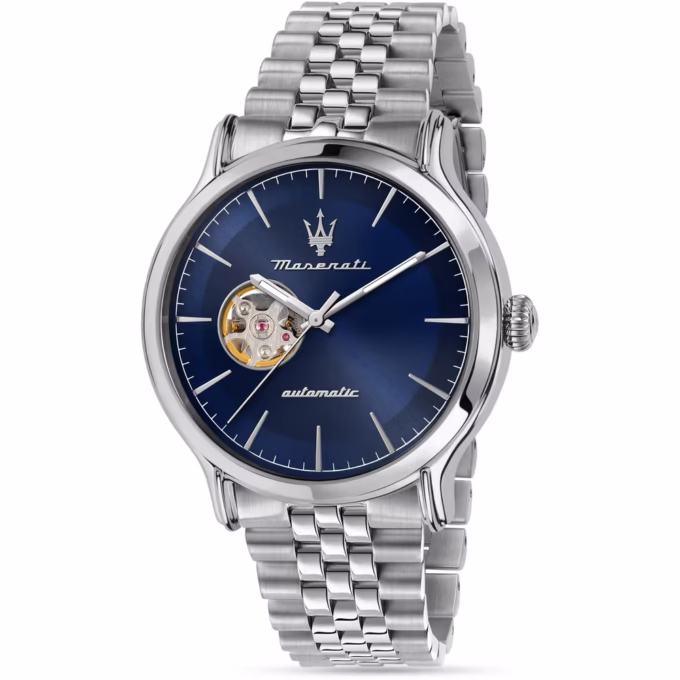 Montre Automatique Homme Maserati – Cœur ouvert, 42mm, acier inoxydable, cadran bleu, étanche 10 ATM – Bracelet acier gris – Réf. R8823118009