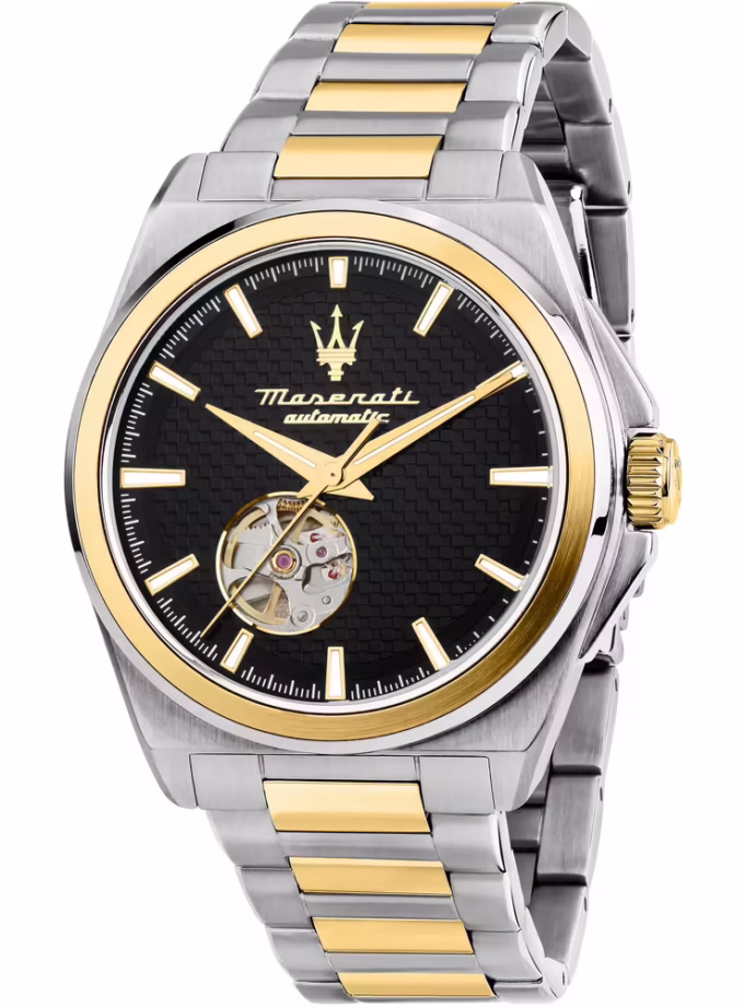 Montre Automatique Maserati - Homme - Étanche 100m, Cadran Noir à Cœur Ouvert, Boîtier Rond 41mm - Acier Inoxydable - Bracelet Argent-Or - R8823152001